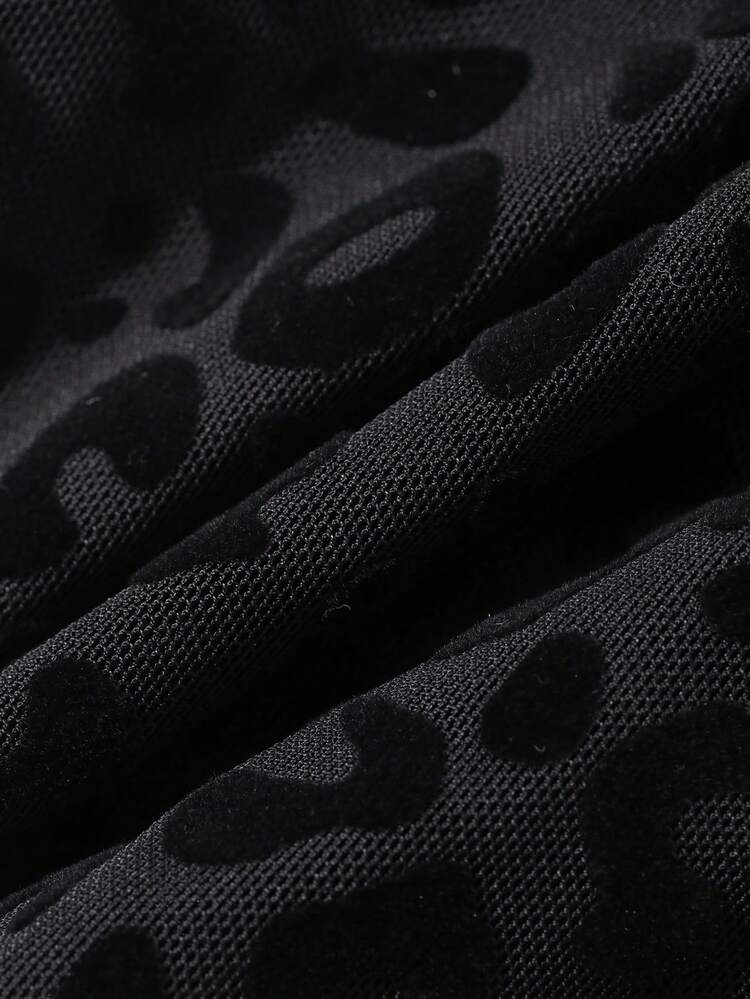 Leopard Print Black Lace Blouse, Elegant For Valentine's Day, Wedding, Party, Formal Occasion, Fashionable Slim Fit Sheer Mesh V-Neck Long Sleeve Top For Spring & Summer
