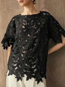 Arave Damen bestickte elegante Casual Urlaubs- & Pendler-Rundhals Kurzarm Bluse - Schwarz - Übersicht 6