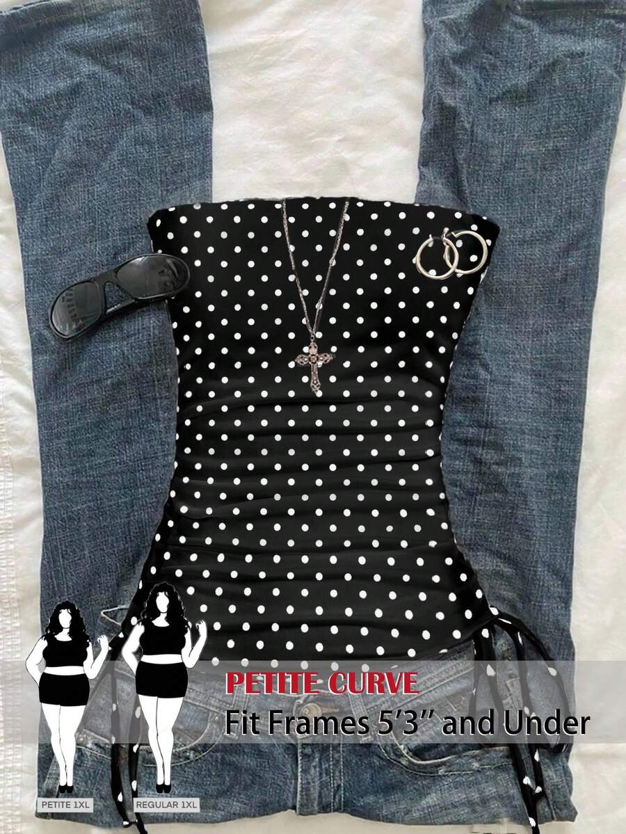 SHEIN PETITE CURVE 大码女式波点印花抹胸上衣 - 黑與白 - 查看 1