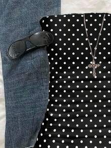 SHEIN PETITE CURVE 大码女式波点印花抹胸上衣 - 黑與白 - 查看 4