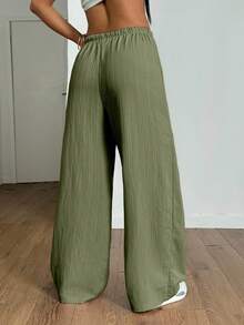 SHEIN PETITE Women's Summer Textured Straight Leg Pants - Mint Green - View 2