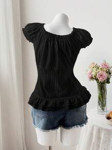 Sweetra 可爱休闲花瓣袖收腰纽扣短袖夏季衬衫 - 黑色 - 查看 2