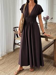 Elouméa Damklänning med V-ringning, enfärgad och avslappnad semester för dam - Brun - Visa 4