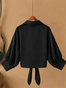 Calvaya Áo sơ mi tay dài buộc nơ phía trước màu trơn cỡ lớn phong cách tối giản thường ngày - màu đen - Xem 2