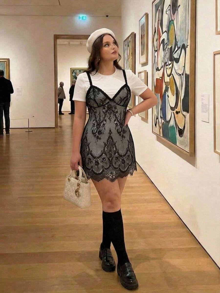 SHEIN MOD Đầm ren cỡ lớn 2 trong 1 màu đen trắng dáng ngắn