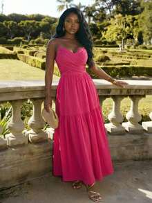 Slaydiva Hot Pink Summer Elegant Casual Holiday Vacation Rose Red Dress For Women,Halter Cross Front Spaghetti Strap Cake Skirt Bohemian Nomadic Maxi Dress - Hot Pink - View 8