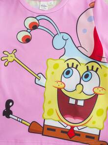 SpongeBob SquarePants | SHEIN 卡通印花圆领短袖休闲T恤 - 玫紅色 - 查看 4
