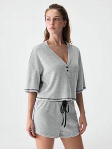 SHEIN Drop Shoulder Top-Stitching Knot Waist Lounge Set Outfit - Grey - View 4