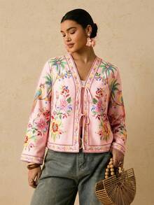 Travachic Áo sơ mi dài tay cổ chữ V in hoa cỡ lớn, thắt nơ phía trước, kiểu dáng thường ngày, thích hợp cho kỳ nghỉ. - Nhiều màu - Xem 1