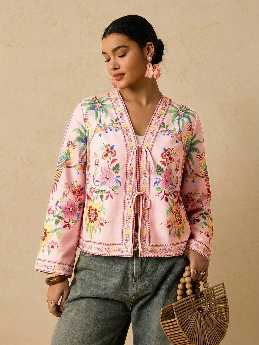 Travachic Áo sơ mi dài tay cổ chữ V in hoa cỡ lớn, thắt nơ phía trước, kiểu dáng thường ngày, thích hợp cho kỳ nghỉ. - Nhiều màu - Xem 1