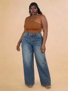 大码女式休闲宽松直筒牛仔裤，适合沙漏型身材 - 藍色 - 查看 5