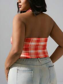 Hourglow 大码夏季休闲格子印花百搭T恤，夏季上衣，适合沙漏型身材 - 彩色 - 查看 2