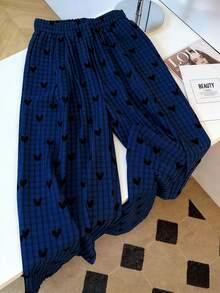 GlowEve CURVE Plus Size Women Drawstring Waist Plaid Heart Pattern Casual Versatile Daily Wear Pants - Navy Blue - View 2