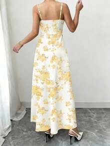 Arcane Artistry Women's Floral Print Elegant Spaghetti Strap Dress, Suitable For Vacation - Light Yellow - View 2
