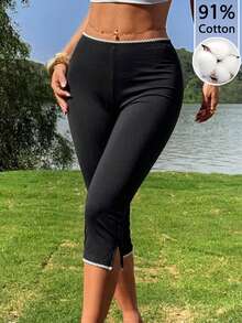 CovetEZ 女士经典款 91% 棉黑色针织弹力七分裤打底裤 - 百搭运动时尚夏季海滩度假装，适合春假、波西米亚音乐节和优雅夏季穿着 - 黑色 - 查看 7