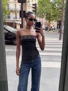 Maija Women's Rivet Design Fashion Pleated Asymmetric Hem Bandeau Top - Black - View 3