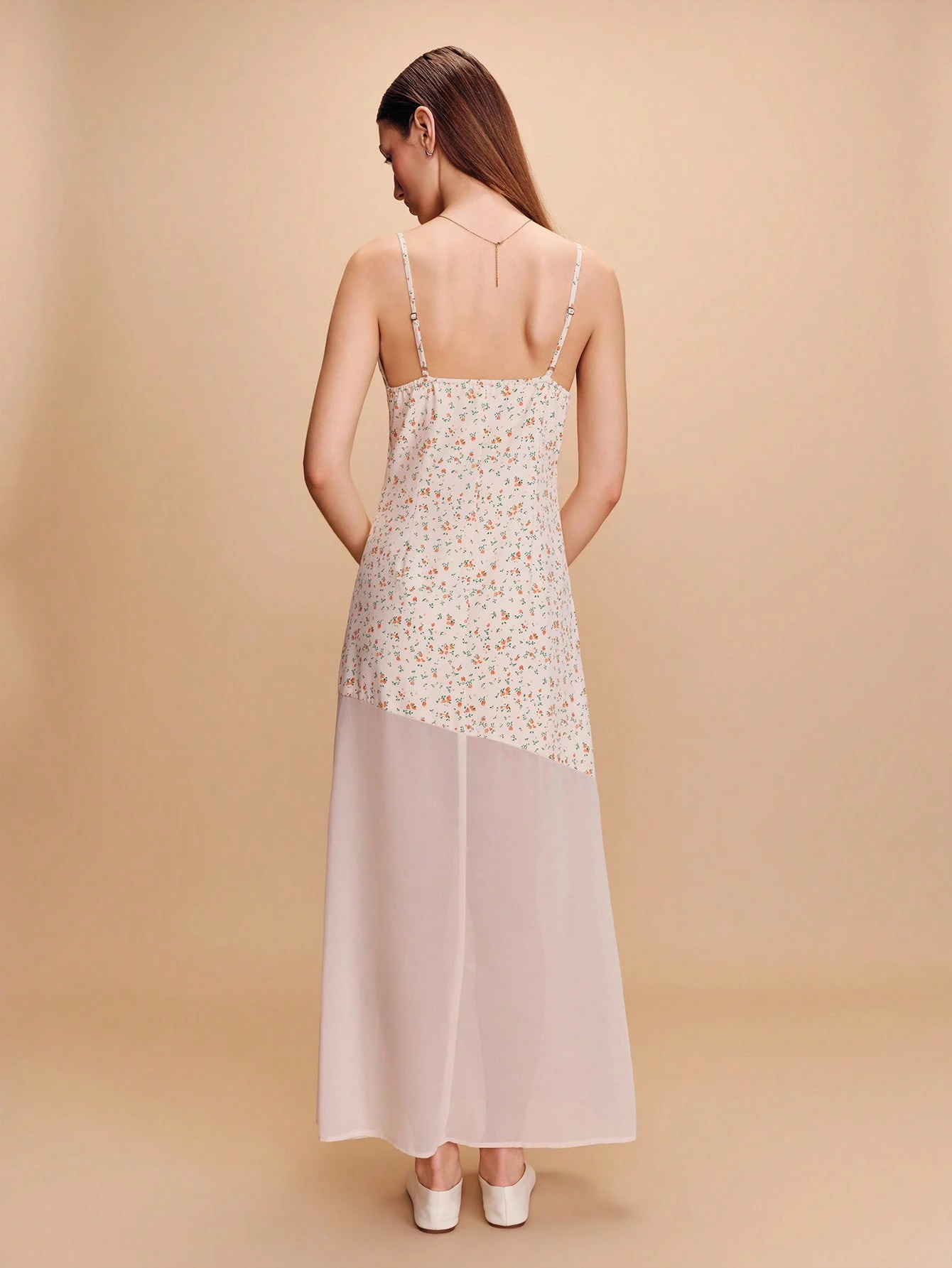 Bi-Fabric Maxi Dress With Printed Bust And Chiffon Asymmetric Hem Spring Summer French Style Parisian Style Evening Dress Summer Cute Dress Vacation Dress