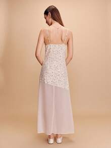 lacRébo Vestido maxi de dos telas con busto estampado y bajo asimétrico de gasa, estilo francés primavera-verano, estilo parisino, vestido de noche de verano, vestido lindo para vacaciones - Albaricoque - Ver 4