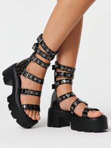 ROMWE Grunge Punk Giày sandal nữ phong cách Goth Rock Punk, hở mũi, quai da, đế cao, gót dày, thích hợp cho mùa hè, đi biển hoặc Halloween. - Vàng đen - Xem 3