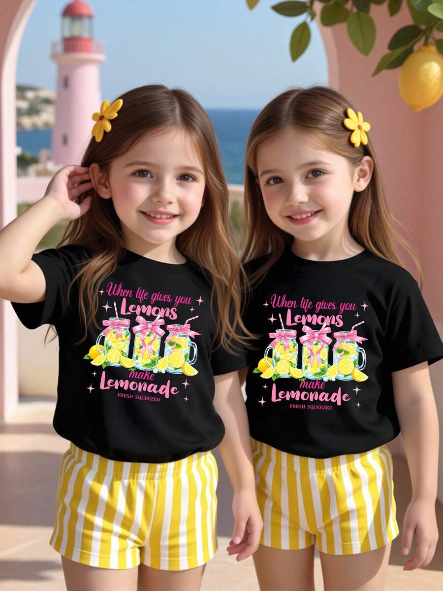 Camiseta gráfica de limón refrescante minimalista y personalizada de moda casual para niñas bebés en primavera y verano, uso diario cómodo - Negro - Ver 1
