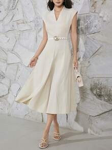 Heiryn 优雅V领系带连衣裙，通勤必备 - 杏色 - 查看 4