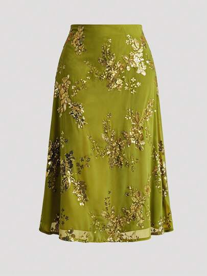 Firerie Plus Size Elegant Sequin Embroidered A-Line Skirt, Summer Green Skirt Long Skirt Sequin Skirt Skirts For Women Spring Skirt