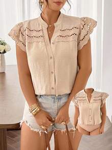 SHEIN Frenchy 大码休闲度假风碎花拼接V领荷叶袖收腰连体衣 - 杏色 - 查看 1