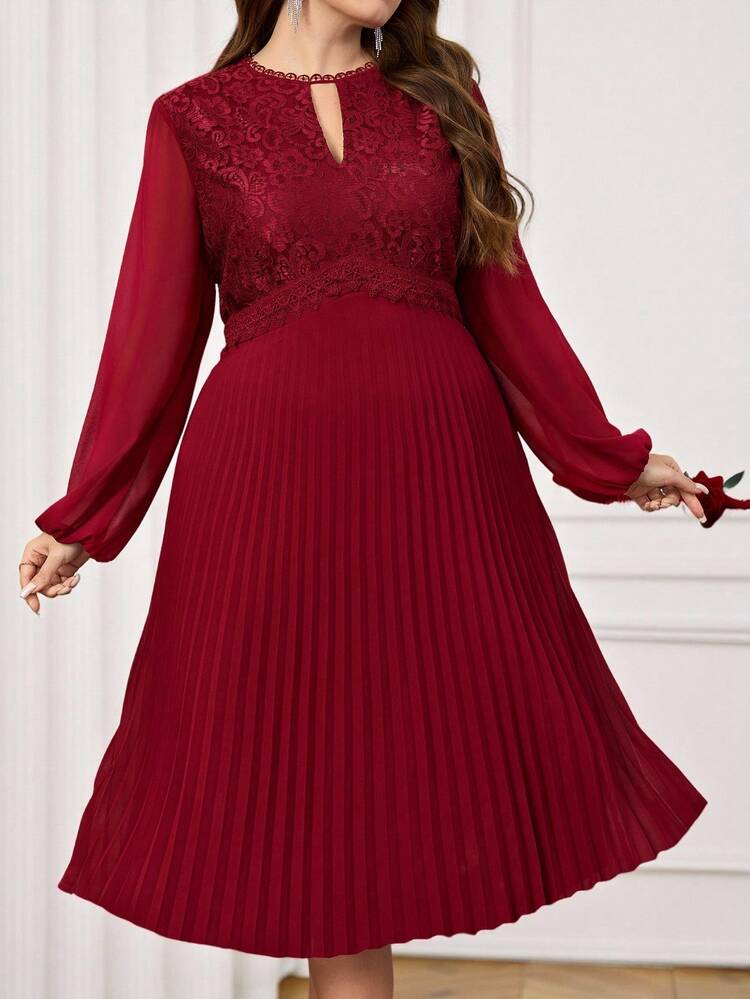 Plus Size Elegant Solid Color Contrast Lace Pleated Hem Dress, Autumn Valentine's Day Outfit Burgundy Plus Size Dress Pleated Dress Wedding Party Dress Fasching Women Costume  Valentine Outfits For Women Spring To Summer Mother Of The Bride Dress Plus Size