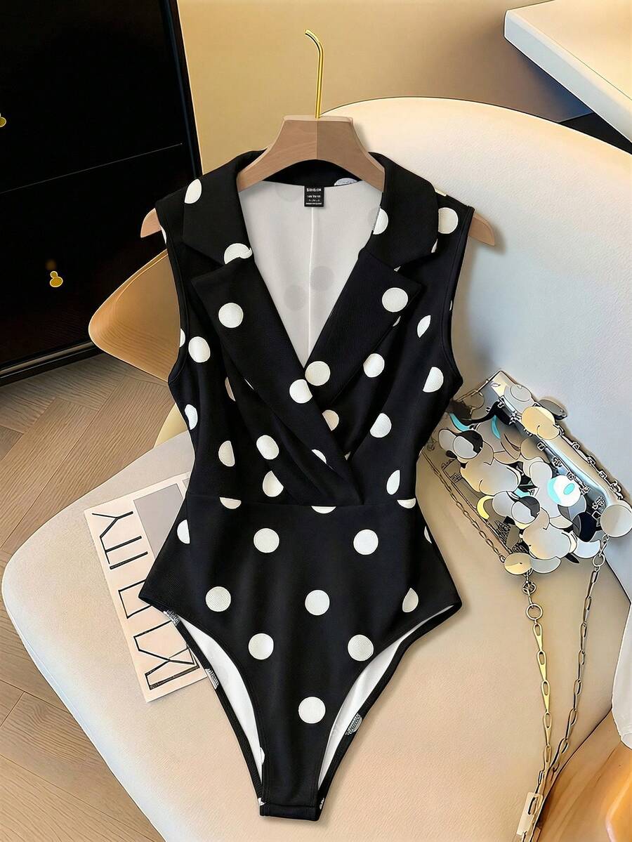 SHEIN Clasi Body elegante blanco para mujer con cuello de blazer - Blanco y Negro - Ver 1