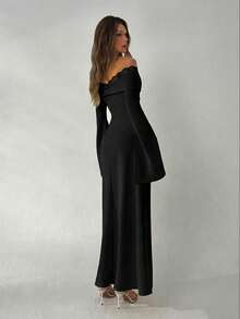 Aloruh Apricot Color Knit Off-Shoulder Long Dress For Women - Black - View 2