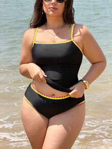 Swim Lushoire 2026 Plus Size Women's One-Piece Swimwear, Neon Color Tummy Control Swimdress, 2 Pieces Swimwear Set - Black - View 1