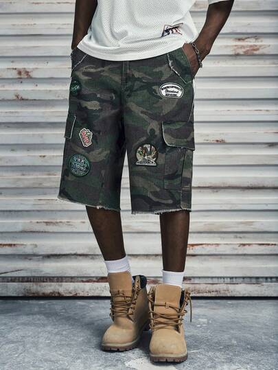 Modcrash Quần short denim túi gấu rách họa tiết rằn ri cho nam