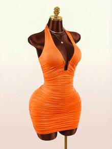 Amplova Women's Orange Pleated Fitted Halter Mini Dress Club Summer,Summer Dresses For Women - Orange - View 4