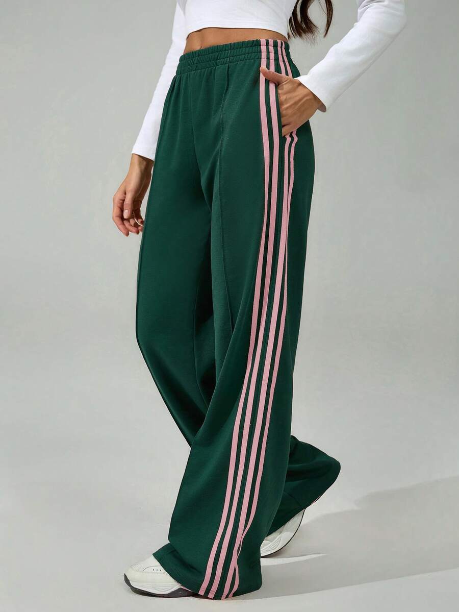 SHEIN Tall 女士弹力腰侧条纹阔腿宽松休闲运动裤，返校季 - 綠色 - 查看 1