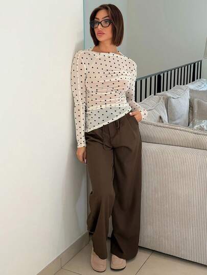 IamThia 2025 亮片露肩修身长袖 T 恤，白色杏色，适合初秋派对季节秋季女士服装秋季服装波尔卡圆点上衣波尔卡圆点衬衫女长袖上衣女上衣透明波尔卡圆点上衣万圣节商务休闲女装