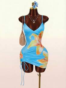 Amplova Women's Spaghetti Strap Mini Dress With Ruched Details, Sexy & Avant-Garde, Suitable For Vacation Outfits, Side Ruched - Blue - View 7