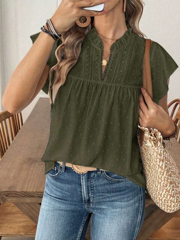 Elouméa Women's Casual Vacation Solid Color Cutout Lace V-Neck Flutter Sleeve Blouse, Spring/Summer