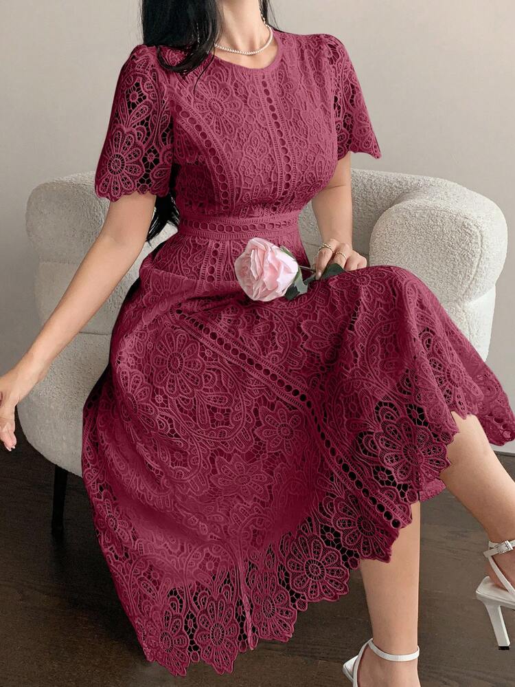 Elegant Lace Trim Short Sleeve Dress, Youthful And Refined Mini Dress Summer