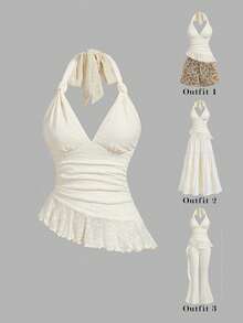 SHEIN MOD 女士提花荷叶边系领时尚百搭休闲上衣 - 杏色 - 查看 2