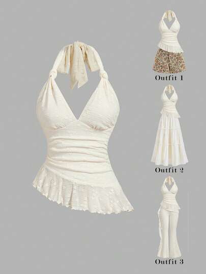 SHEIN MOD Women's Jacquard Ruffle Tie Neck Fashionable Versatile Casual Top, Womens Halter Top, Halter Neck Top, Ruffle Peplum Top, Cream Halter Top, Womens Tank Top, Country Style For Women