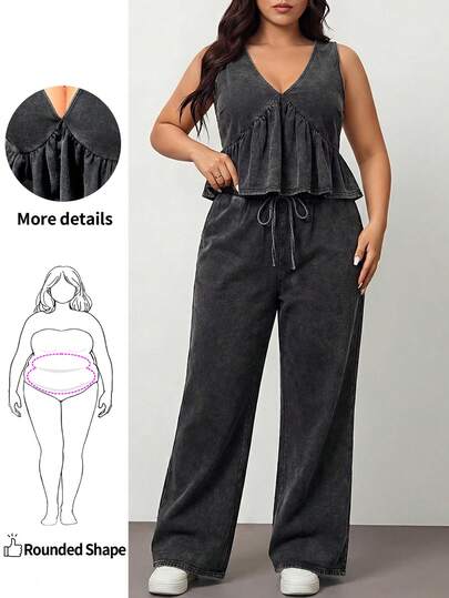 Enliva 大码女式复古扎染 V 领吊带背心和裤子两件套，夏季、秋季、酸洗外观、娃娃装