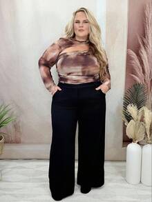 Hourglow Dollyholly86 Plus Size Women's Black Waist Asymmetric Button Straight Suit Pants Suitable For Going Out, Dating,Baggy Pants,Wide Leg Pants,Curve,Pants Suit,Elegance, For Hourglass Body Shape - Black - View 3