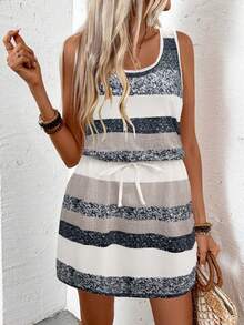 Women's Striped Round Neck Waist Tie Sleeveless Casual Dress - Grey - View 4