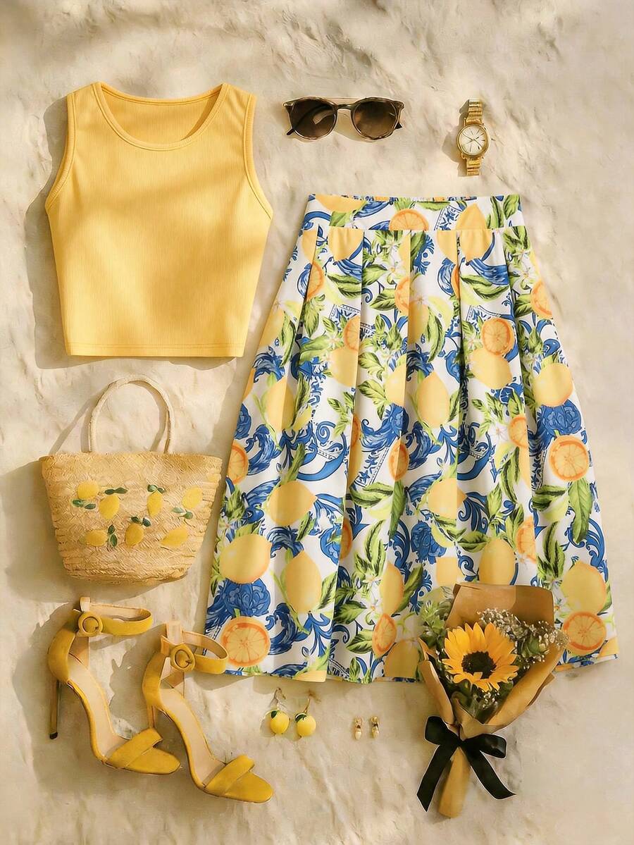 GlowEve CURVE Bộ 2 món gồm áo không tay ôm sát và chân váy in họa tiết lá chanh dành cho nữ, trang phục thường ngày thanh lịch cho kỳ nghỉ. - Màu vàng - Xem 1