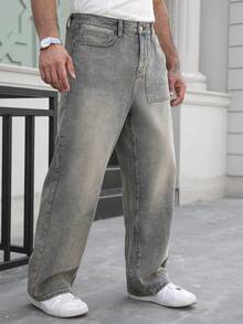 Manfinity Homme Quần jeans nam ống đứng màu xanh dương kiểu retro thường ngày - Rửa nhẹ - Xem 4