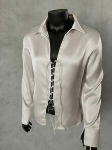 Manfinity Dauomo Men's Casual Long Sleeve Tie-Up Design Shirt - Beige - View 4