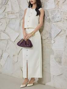 Heiryn New Arrival Elegant Sexy High-End Tweed Sleeveless Top And Skirt 2 Pieces Set Golf Pastal Summer - Apricot - View 4