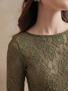 Anewsta Camiseta de mujer de manga larga, elegante, de unicolor y con abertura elástica - Verde militar - Ver 2