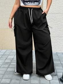 SHEIN CURVE+ Women's Summer Streetwear Sport Basic Flap Pocket Side Drawstring Waist Parachute Grey Cargo Pants - Black and White - View 7