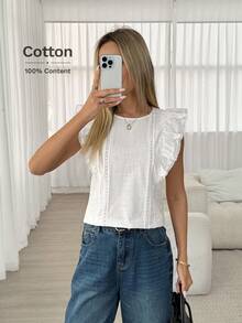 Easowa Áo sơ mi cài cúc viền ren phối bèo nhún 100% cotton, kiểu dáng rộng rãi, thanh lịch, thích hợp đi làm hoặc đi nghỉ mát cho nữ, áo kiểu nữ mùa xuân/hè, áo ngắn tay nữ, áo nữ mùa hè, áo cotton nữ, áo phong cách Cottagecore, áo cao cấp cho nữ, áo kiểu nữ hiện đại, áo mới nhất cho nữ, áo mùa hè thường ngày, trang phục mùa hè thường ngày cho nữ, áo mùa hè thường ngày cho nữ. - trắng - Xem 6
